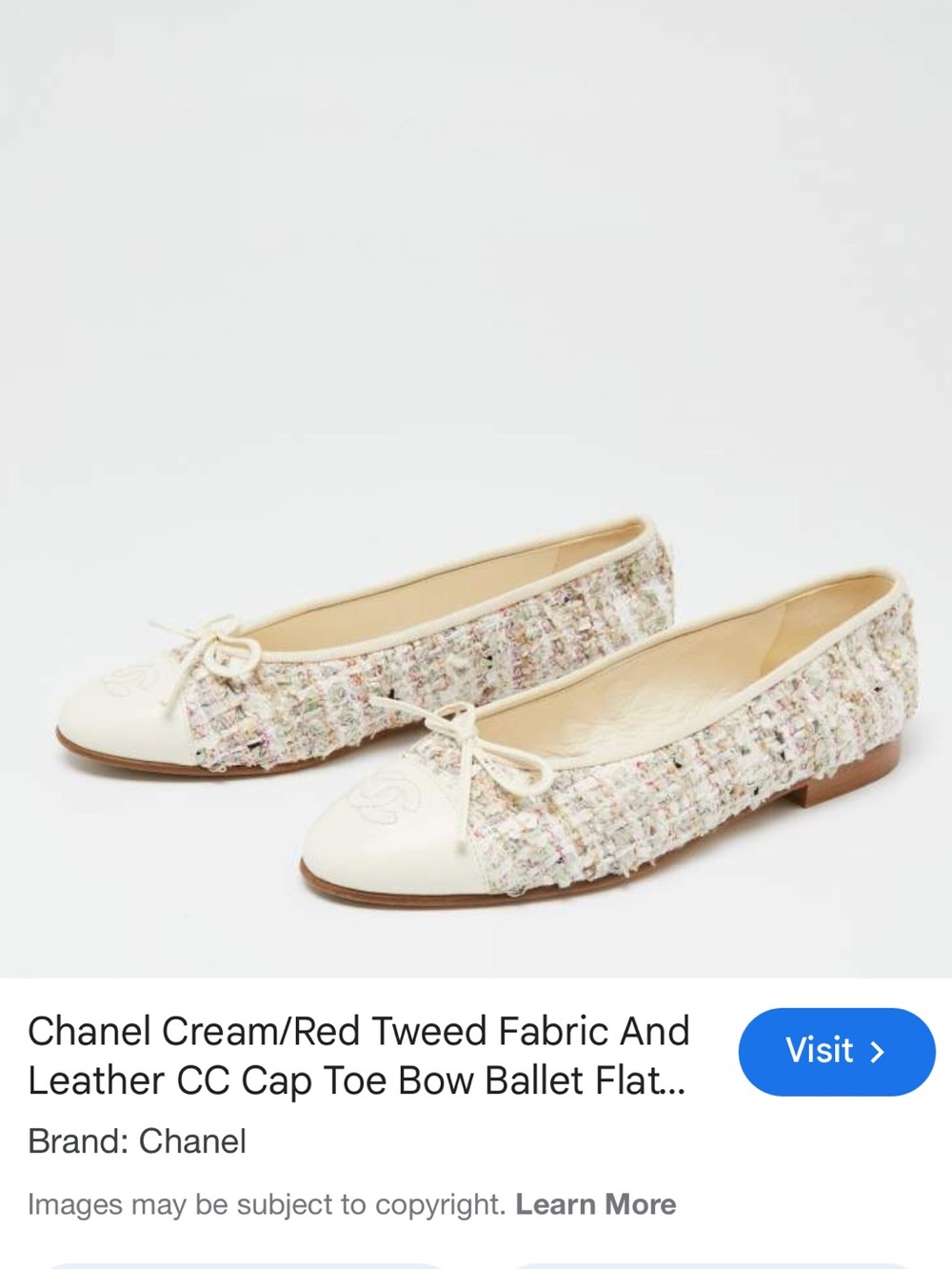 CHANEL Ivory Tweed Ballet Flats with Trim and Bow Size 39